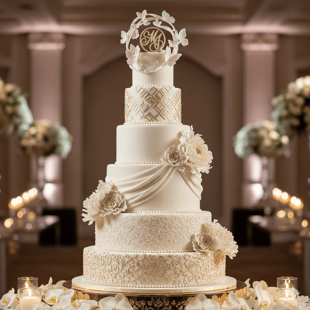 Elegante pastel de boda de varios pisos con glaseado y flores naturales, perfecto para clientes de lujo
